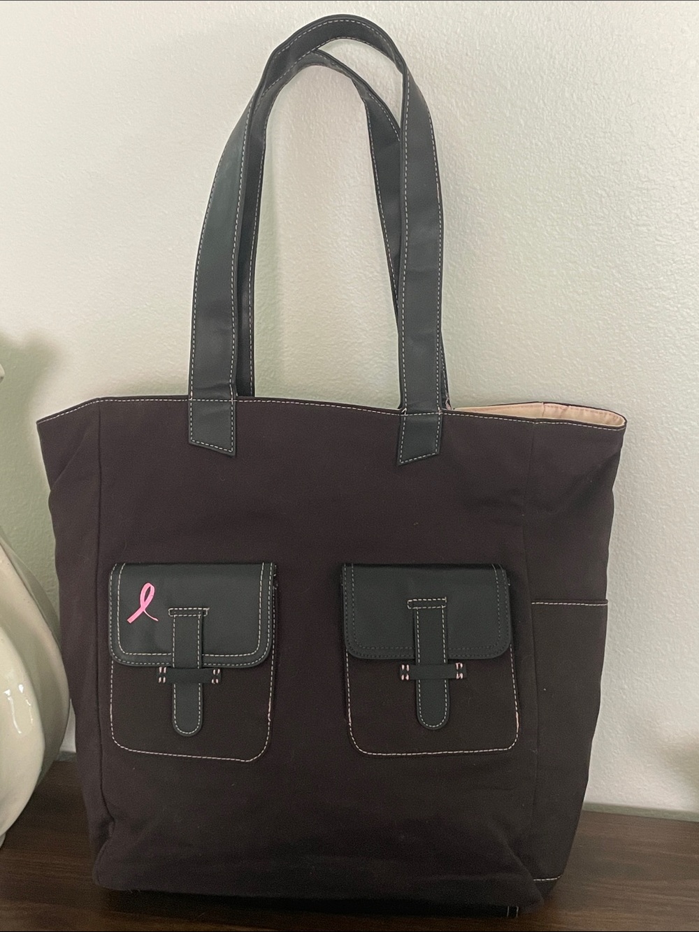 Day-Timer Black Canvas Tote with‎ Pink Ribbon Accent Breast Cancer Awareness